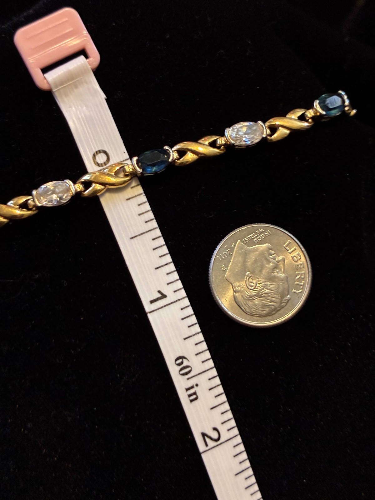 Vtg Gold-Tone Faux Sapphire & CZ Tennis Bracelet – Hugs & Kisses “X” Link 7.5”