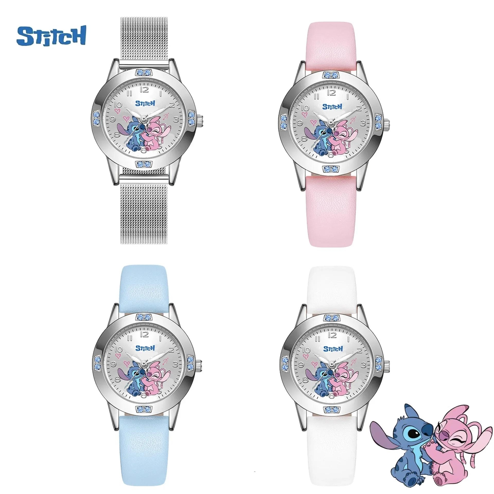 Disney Stitch Watches Diamond Quartz Watch for Women Stich Cartoon Leather Wrist