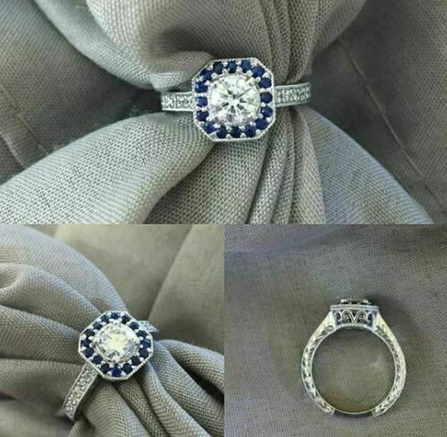 1.24 Ct White Round Blue Accent CZ Engagement Ring In 925 Sterling Silver