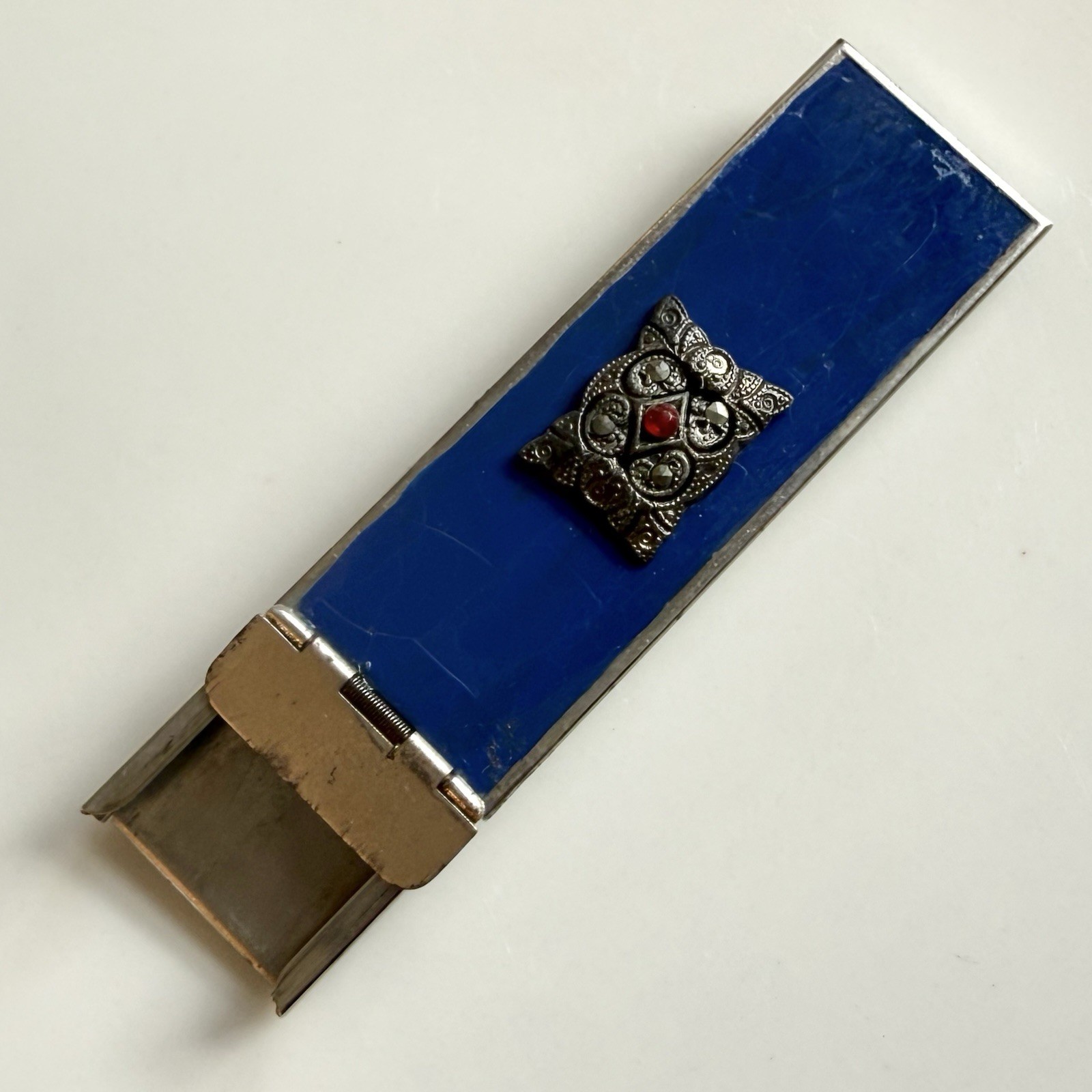 Art Deco Changette Brooch To Hold Dimes Silver Tone Blue Enamel Marcasites