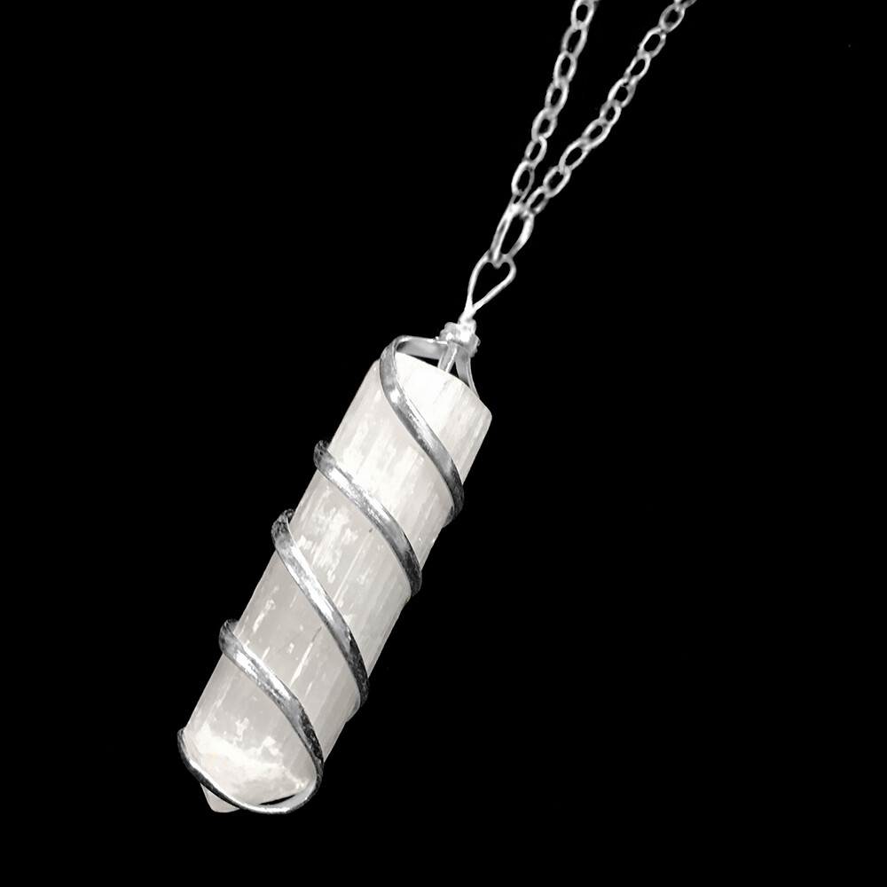 Selenite Wire Wrap Spiral Pendant Point Chakra Crystal Silver Necklace CHARGED