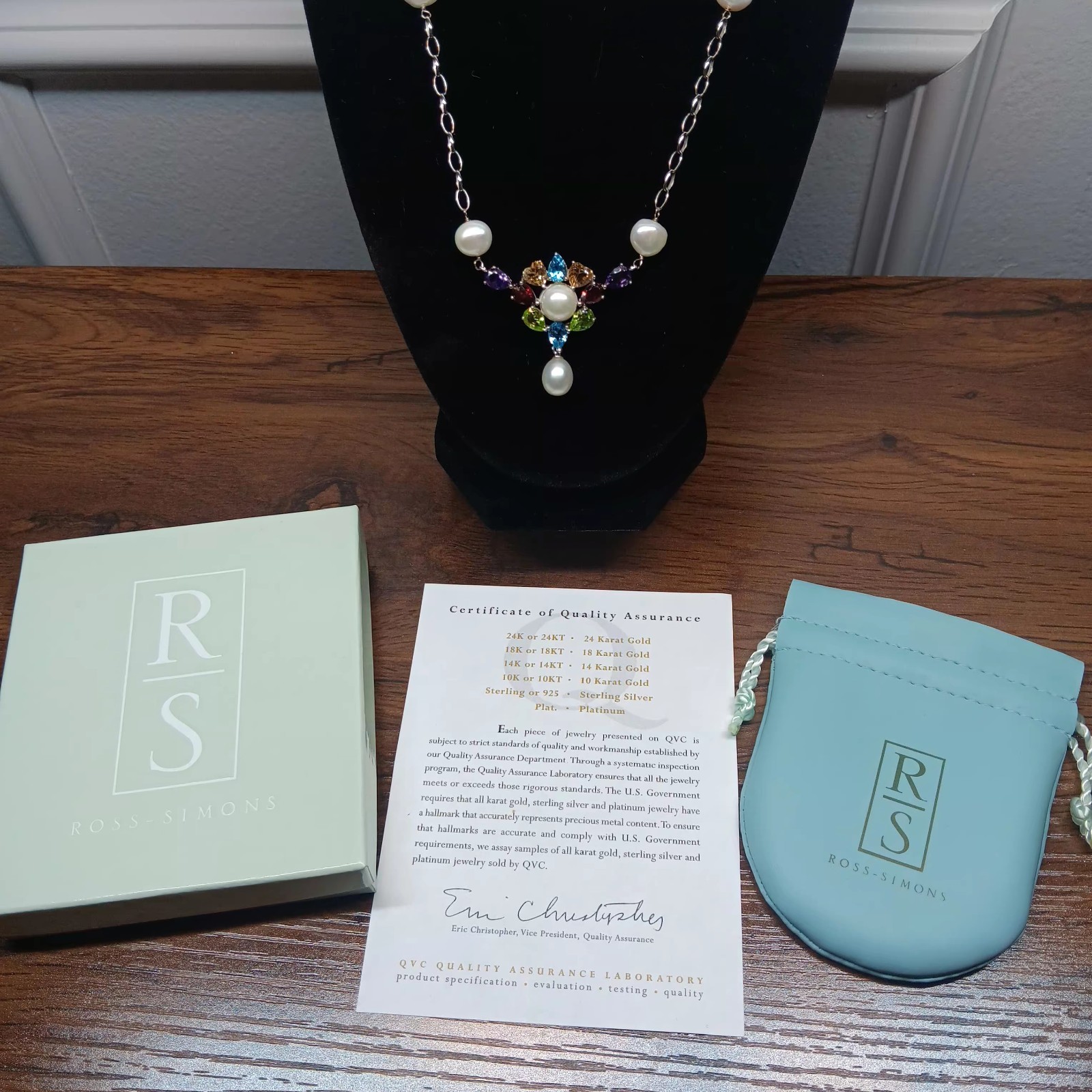 18-20″ Ross Simons Sterling Silver Multi Gemstone & Pearl Chain Station Necklace