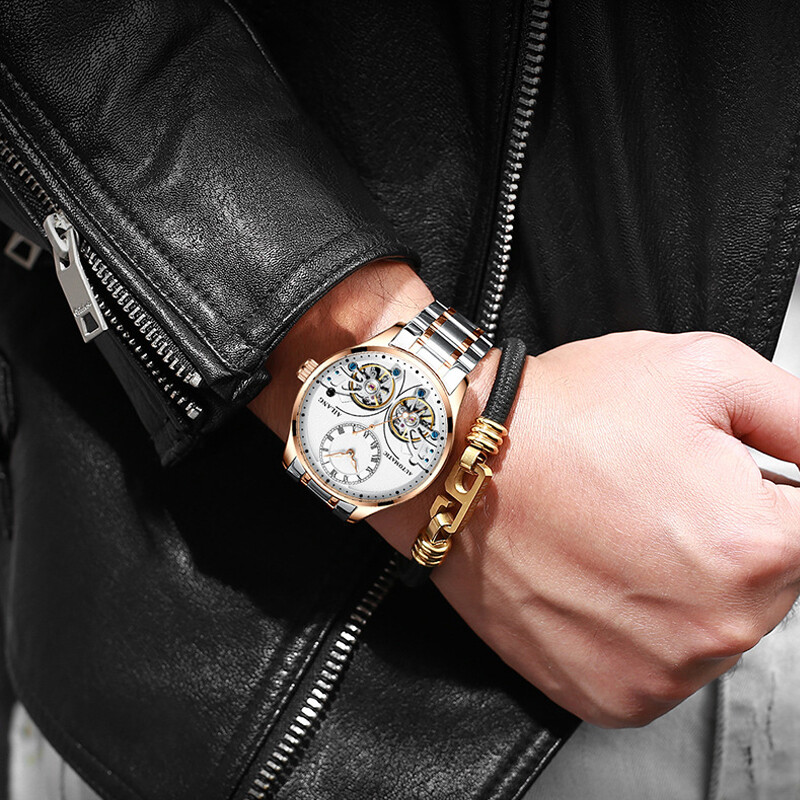 AILANG Men’s Watch Hollow Double Flywheel Automatic Mechanical Wristwatches