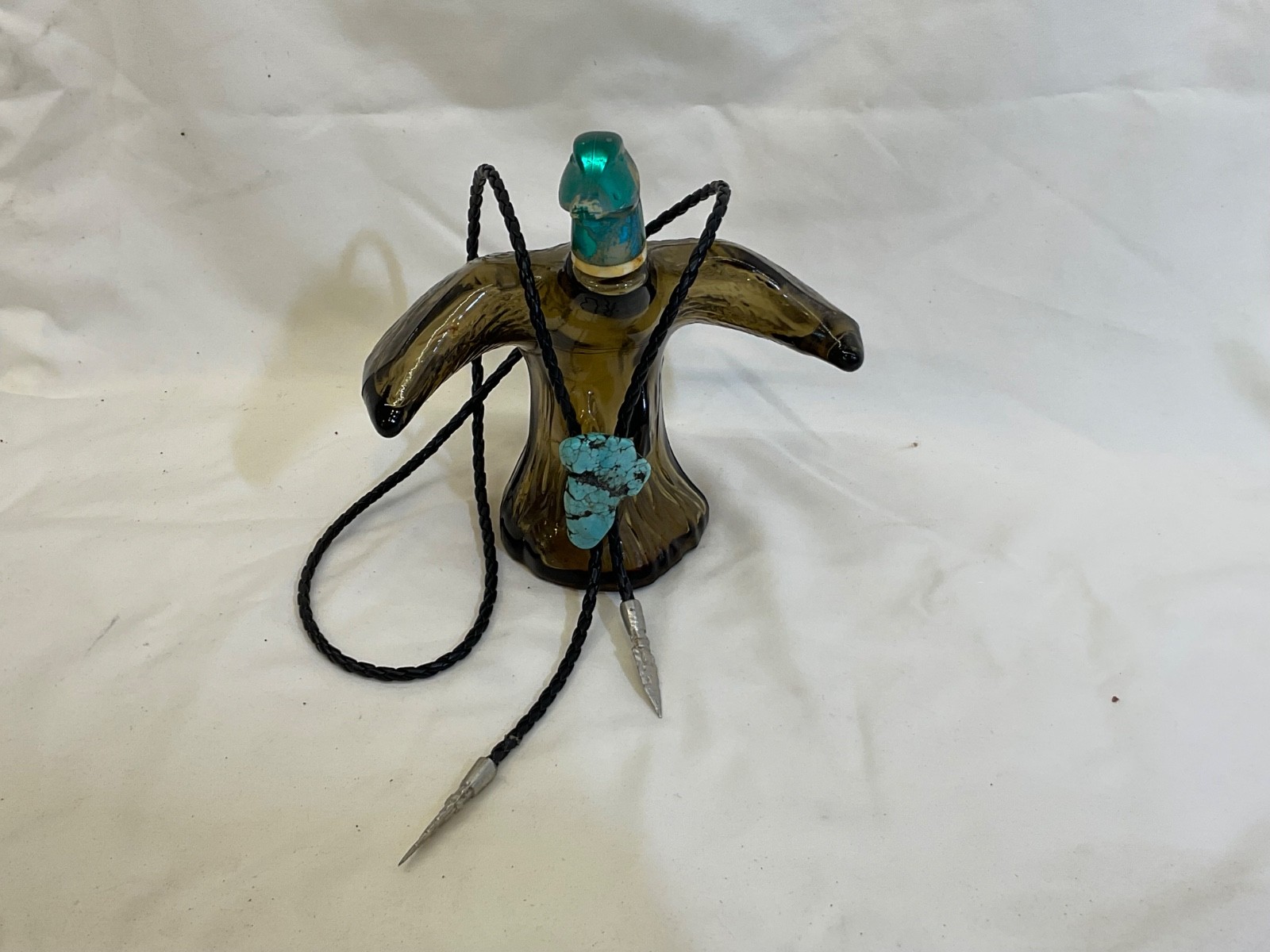 Western Turquoise Stone Bolo Tie 38 inch Black Leather Cord with Sterling Tips