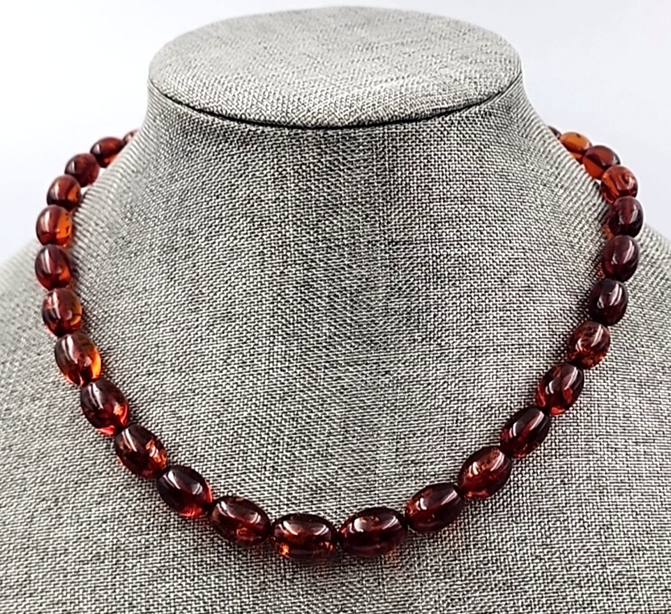 Pressed Amber Oval Bead Necklace Cognac Barrel Clasp 18.5 in Vintage