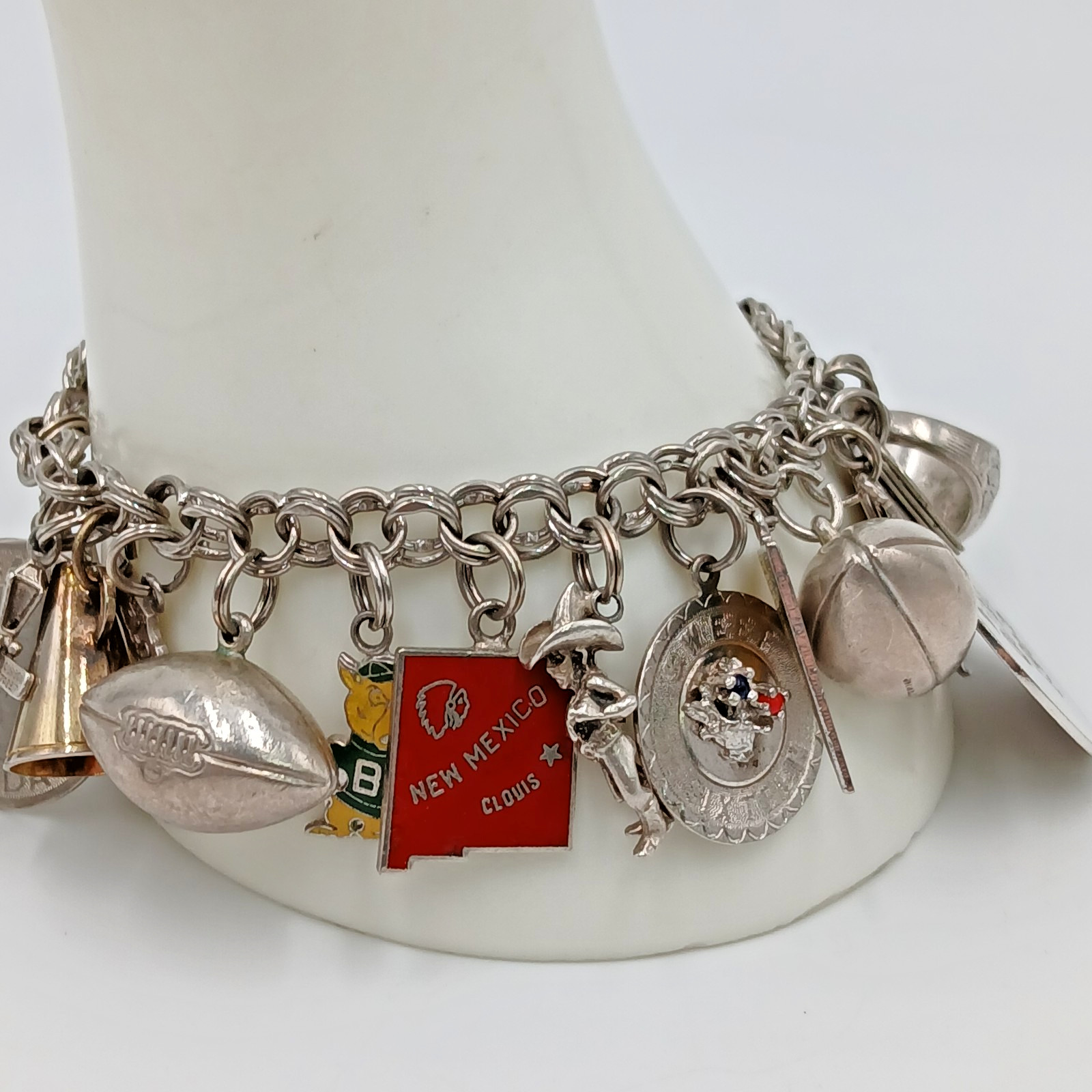 VTG 60s Charm Bracelet 8in Sterling Silver 70g JANE School Travel Faith South US