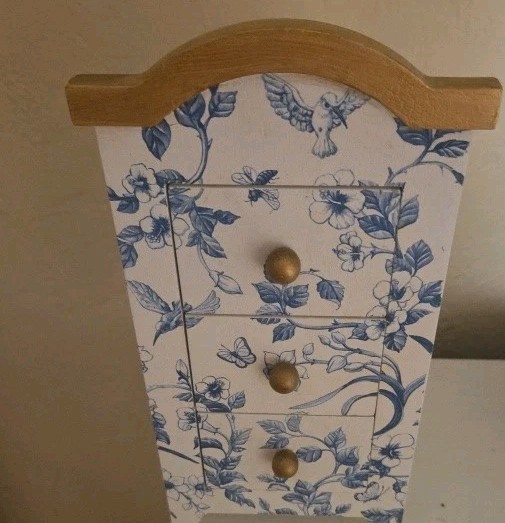 Table Top Mini Dresser Jewelry/ Trinket Box Storage Blue White Floral Pattern