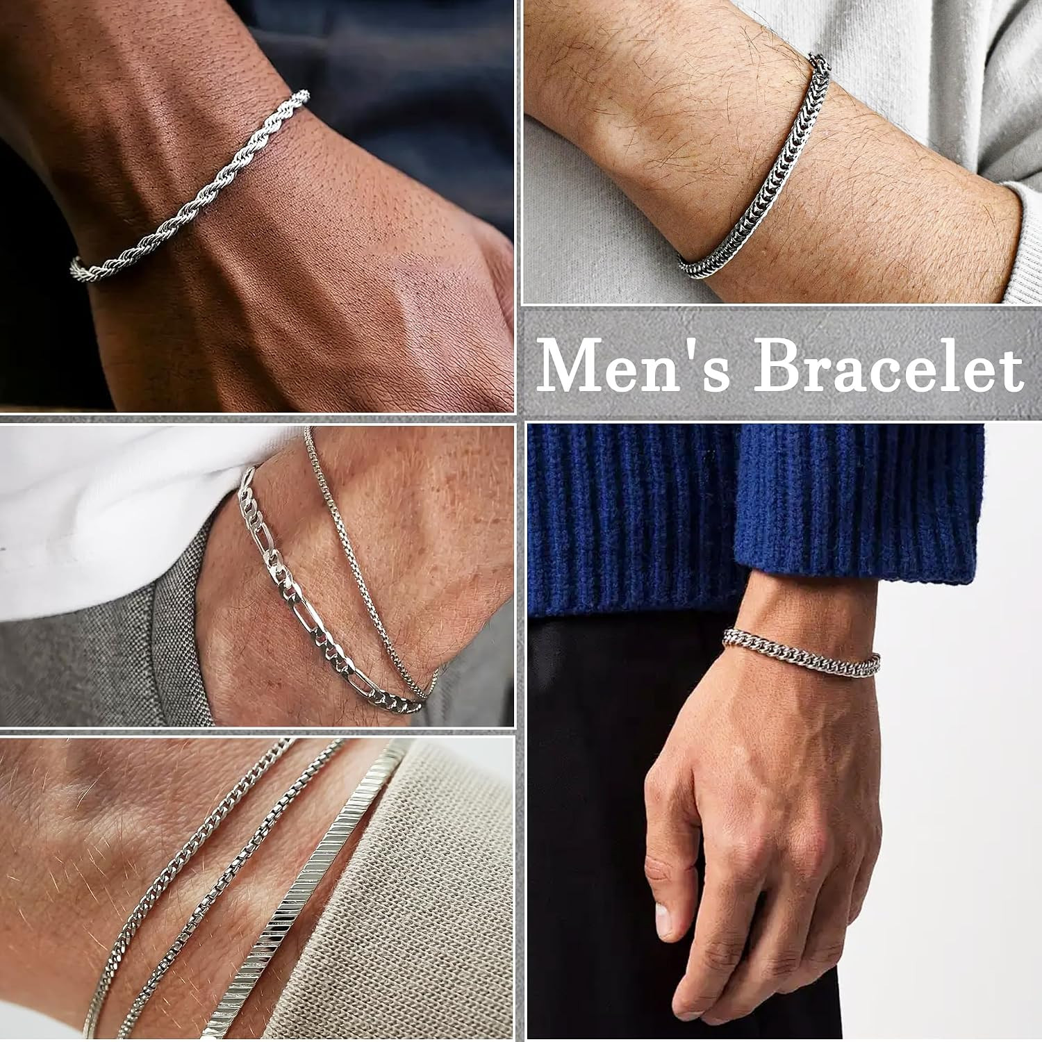 Chain Bracelet for Men Stainless Steel Cuban Link Curb Figaro Herringbone Rope P