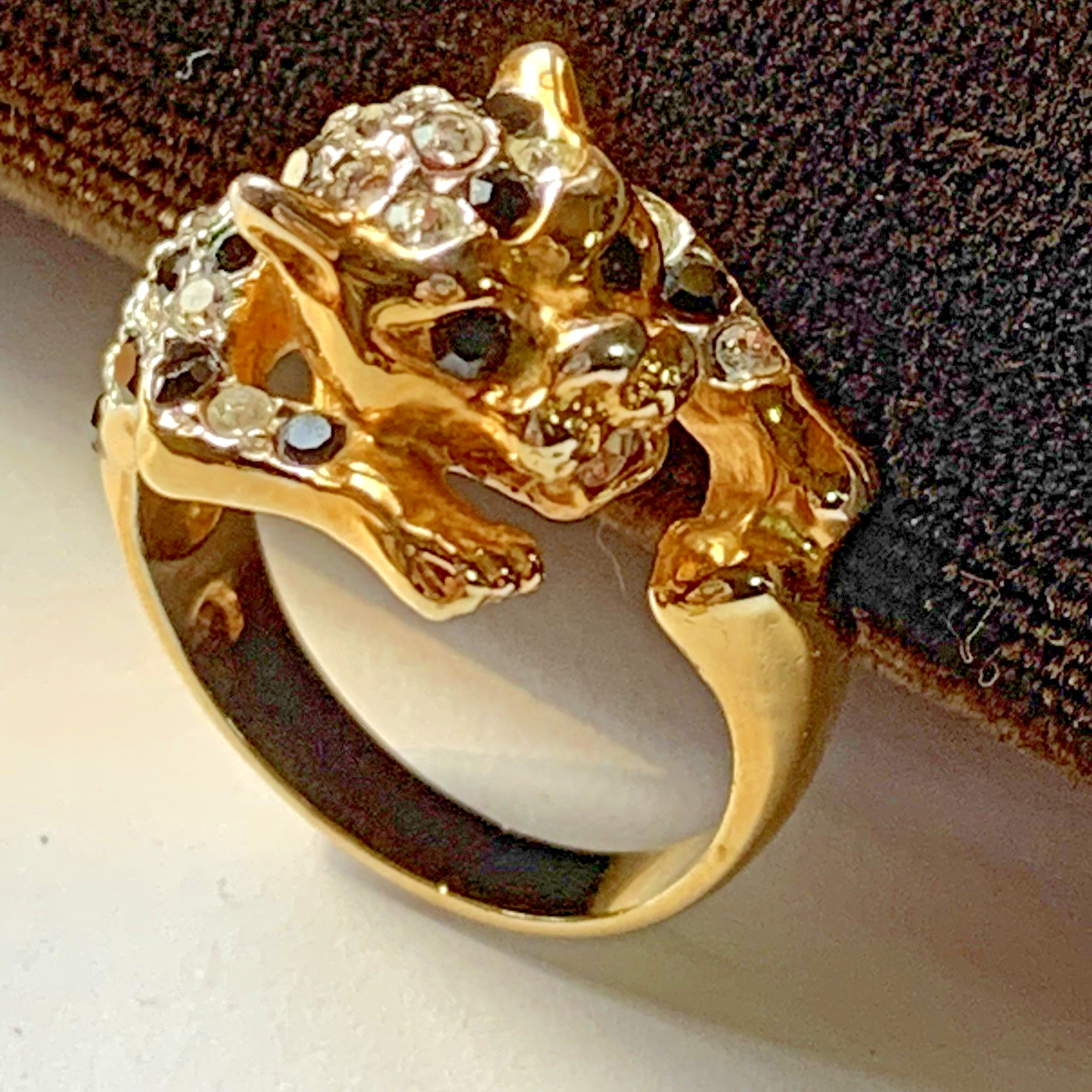 Leopard Jaguar Cat Cocktail Wrap Ring size 5 Gold Tone w rhinestones *READ