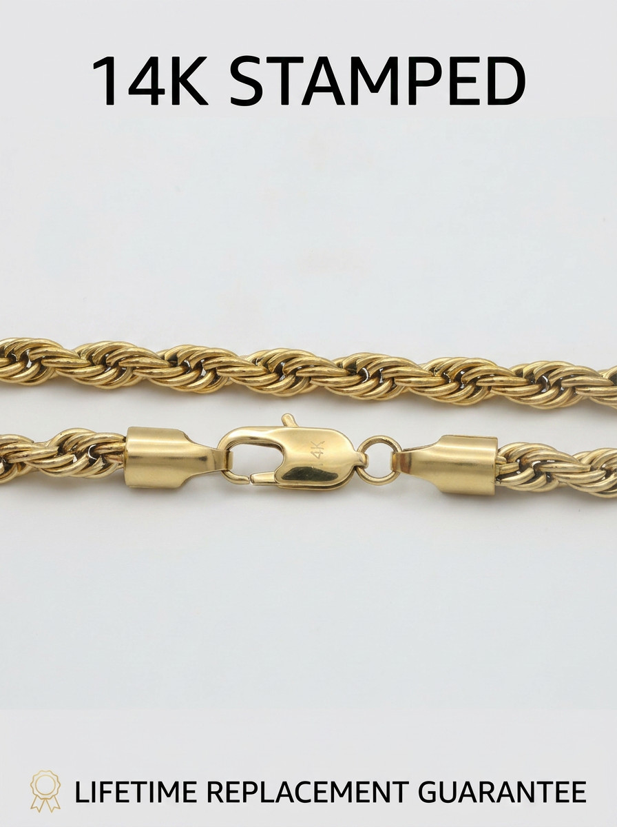 Gold Nugget Cross Necklace, 3mm Rope Chain, 14k Heavy Plated Gold