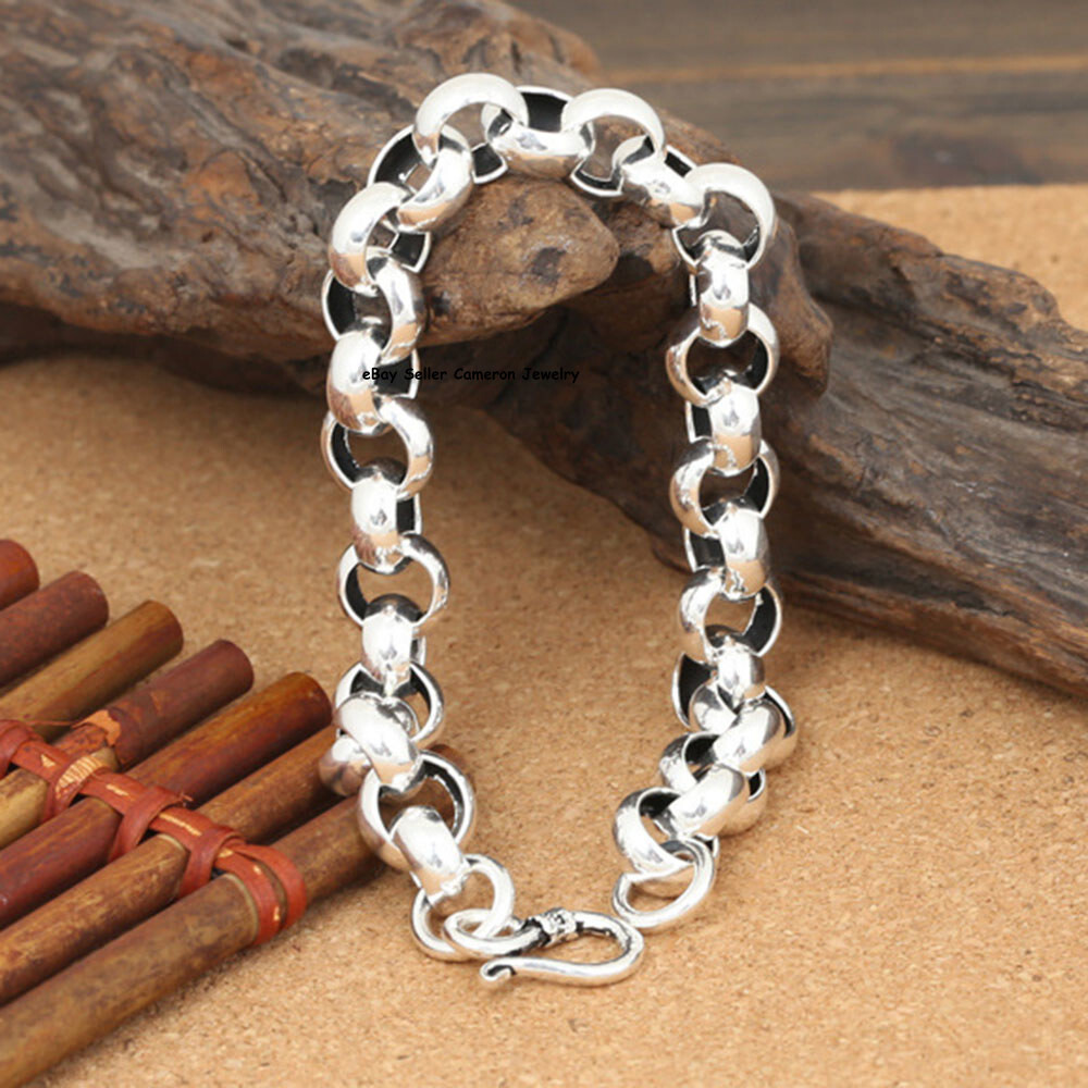 Pure S925 Sterling Silver Chain Men 8mm 10mm Cable Rolo Link Bracelet 7.9-8.3in