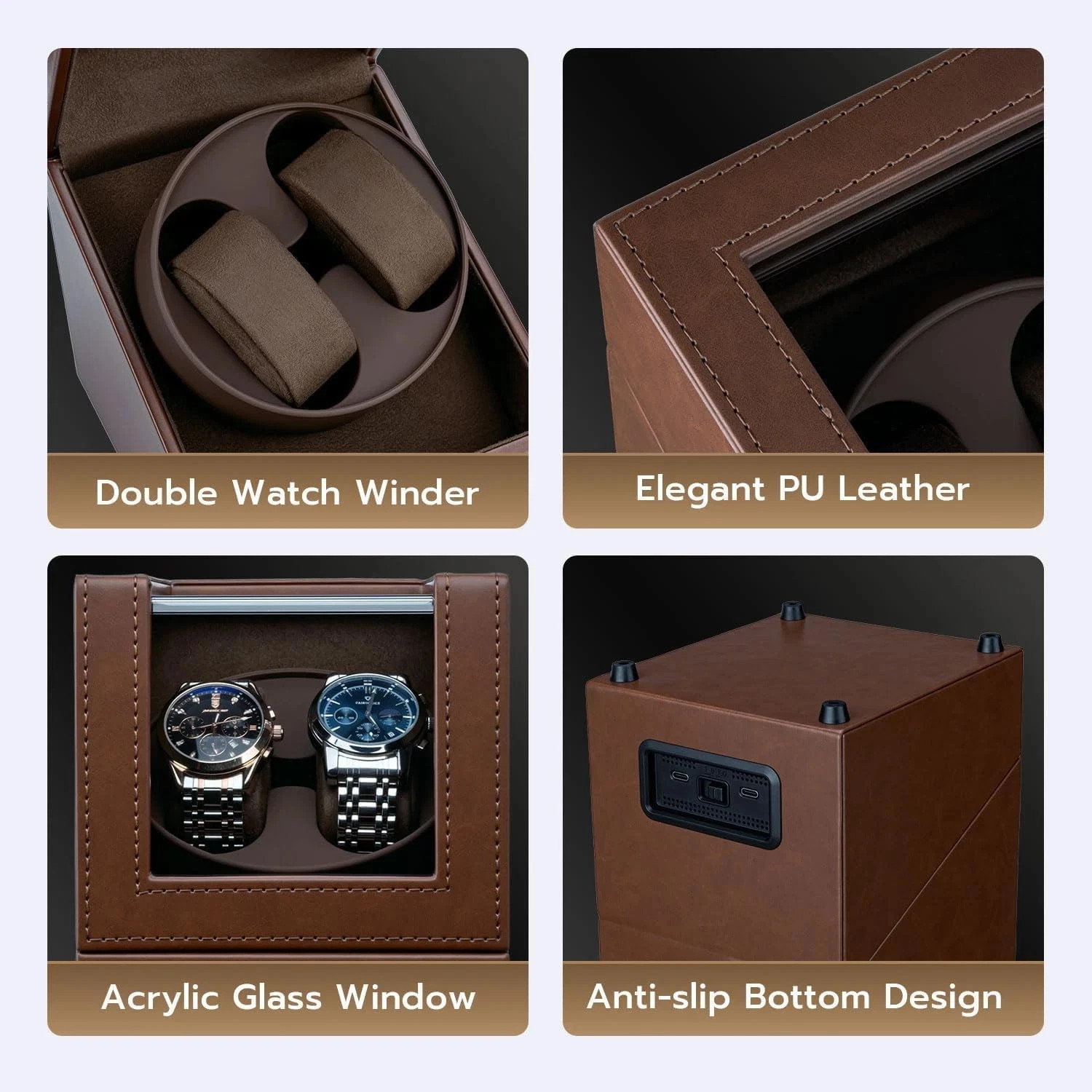 Automatic Rotation Double Watch Winder Box Leather Storage Display Case Gift I