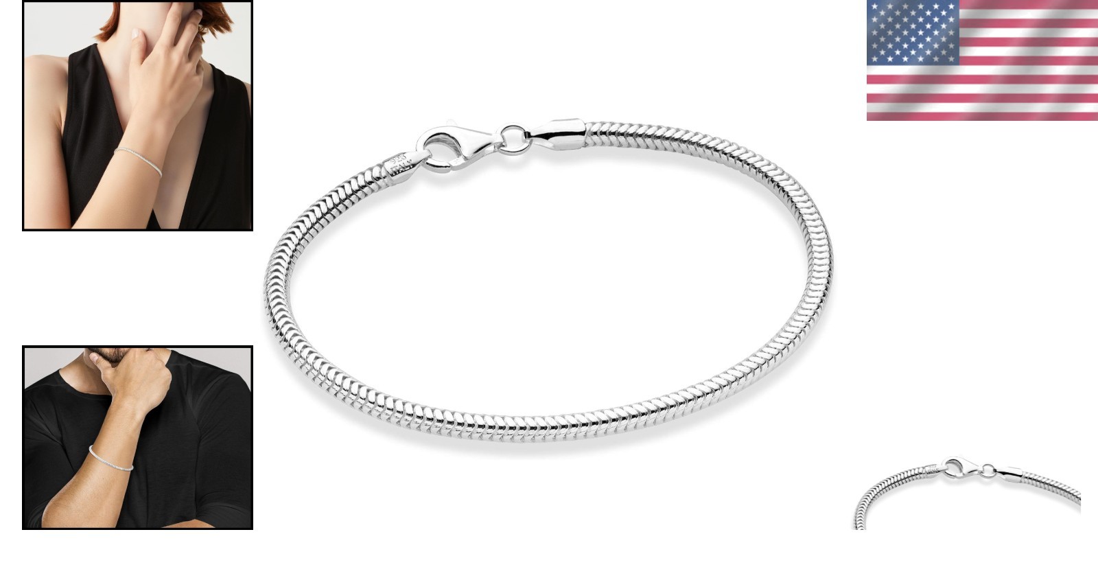 Italian 3mm Snake Chain Bracelet in 925 Sterling Silver – 8 Inch Unisex Elegance
