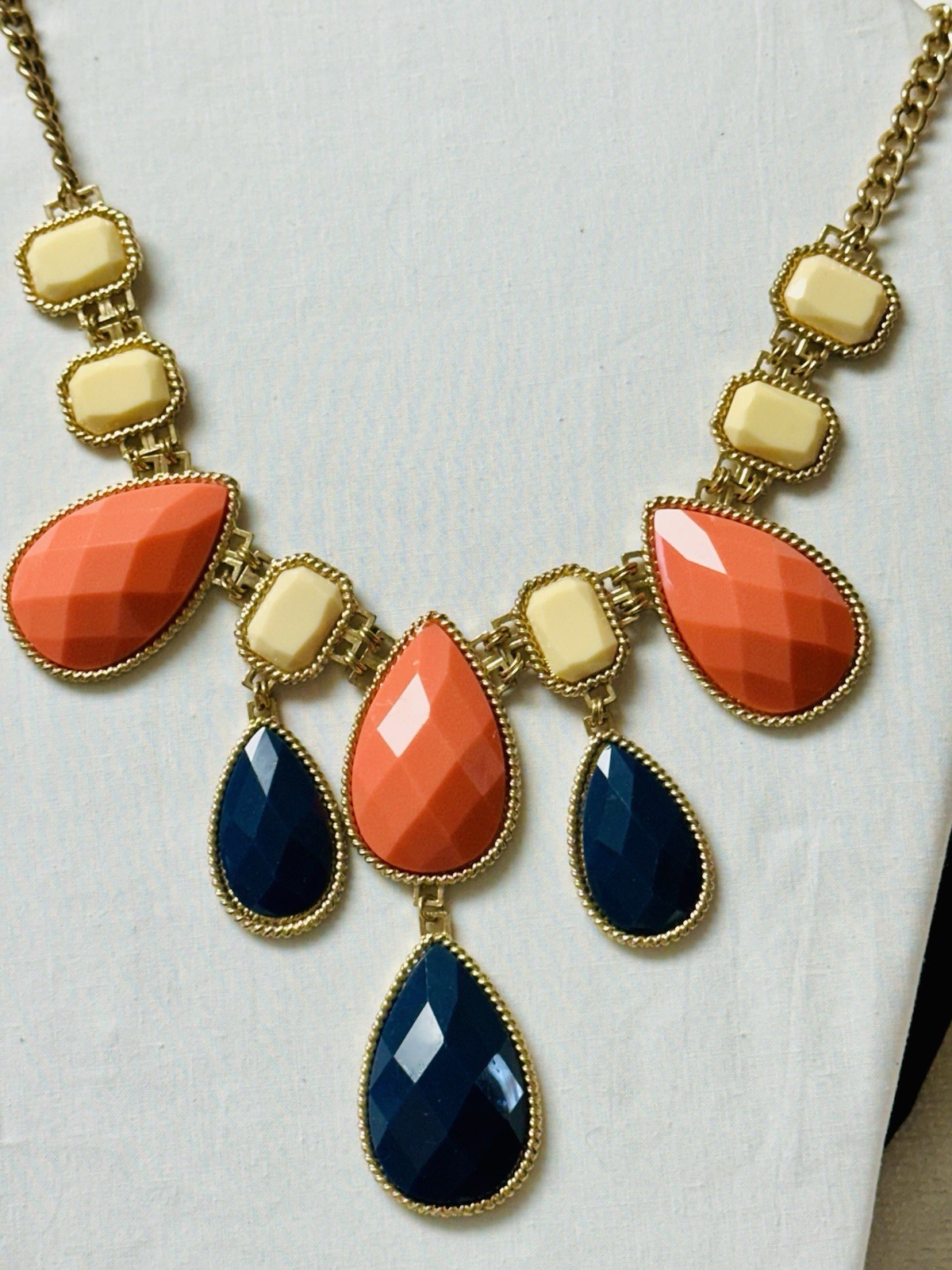 ALDO Orange Blue Faceted Teardrop Dangle Cabochon Bib Statement Necklace n890