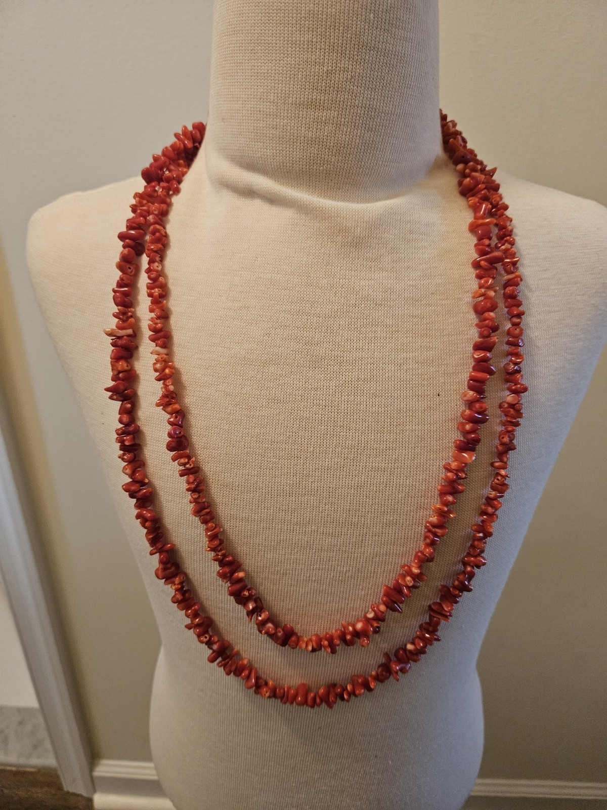 14K Gold Natural Red Coral 60″ Long 114g Multi Strand Necklace Runway Statement