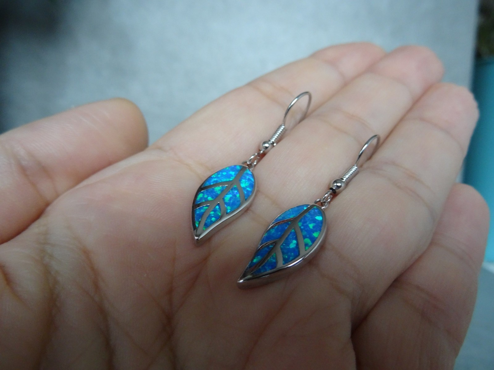 Opal Leaf Earrings Blue Fire Opal Earrings with Leaf Opal Pendant Stainless Steel