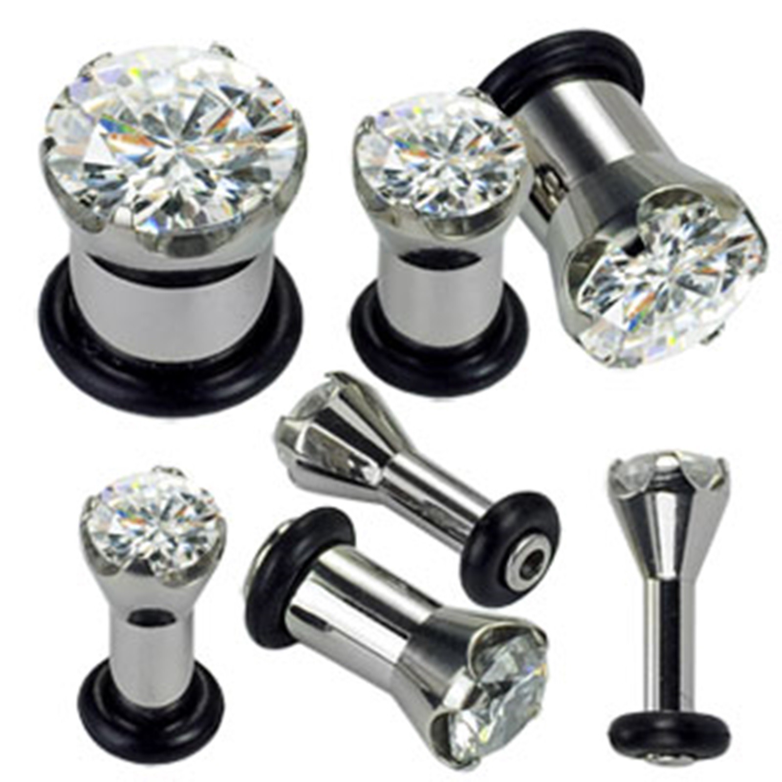 PAIR-Pronged Clear Gem Steel Single Flare Ear Plugs 04mm/6 Gauge