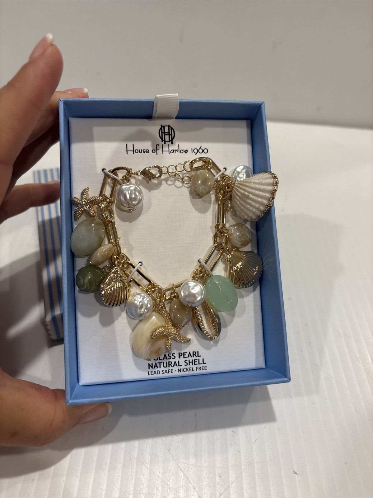 House of Harlow Glass Pearl and Natural Shell Beach Charm Bracelet NWT