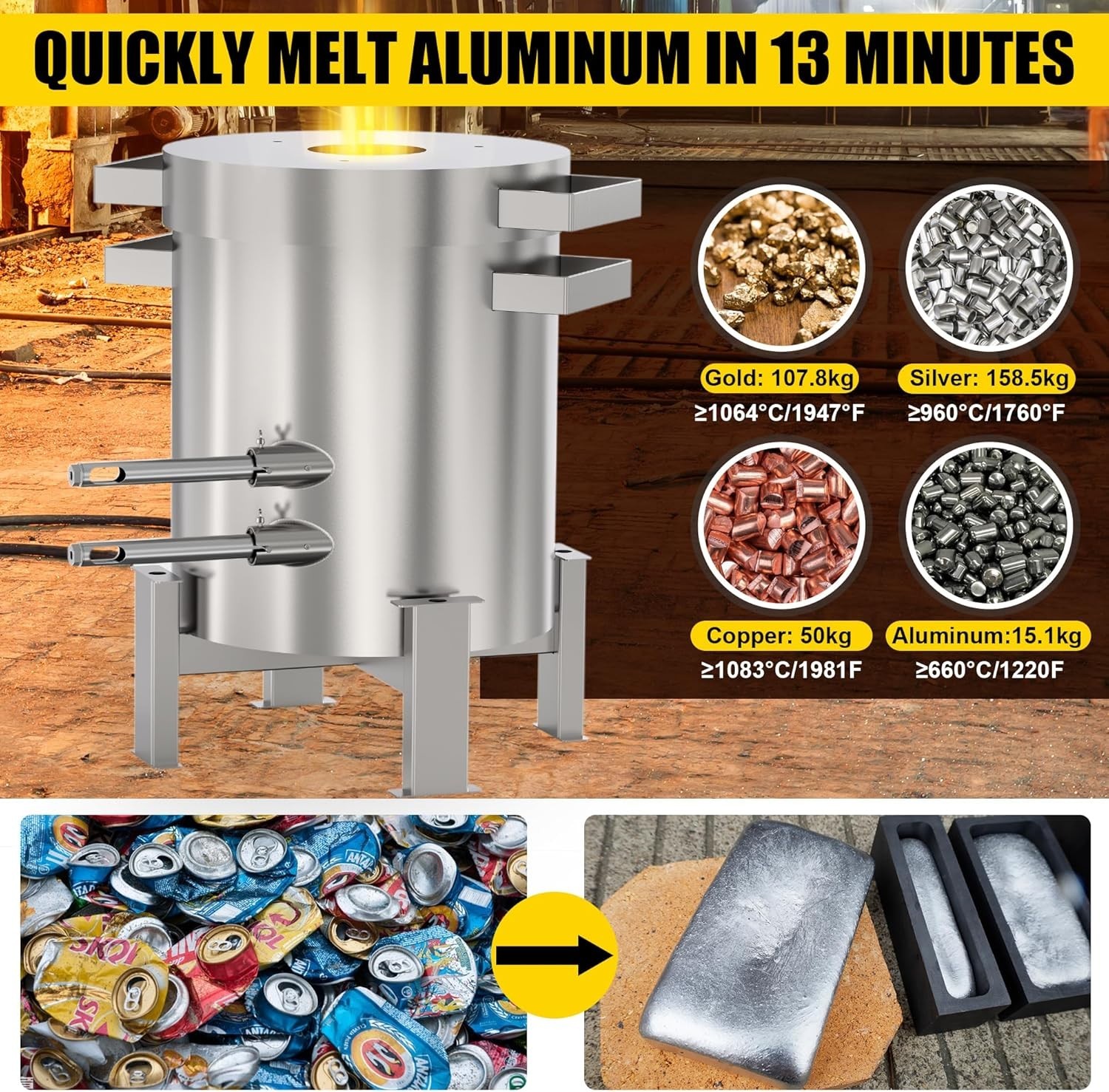 50KG Propane Melting Furnace Kit 2600℉ Stainless Steel for Gold Silver Copper