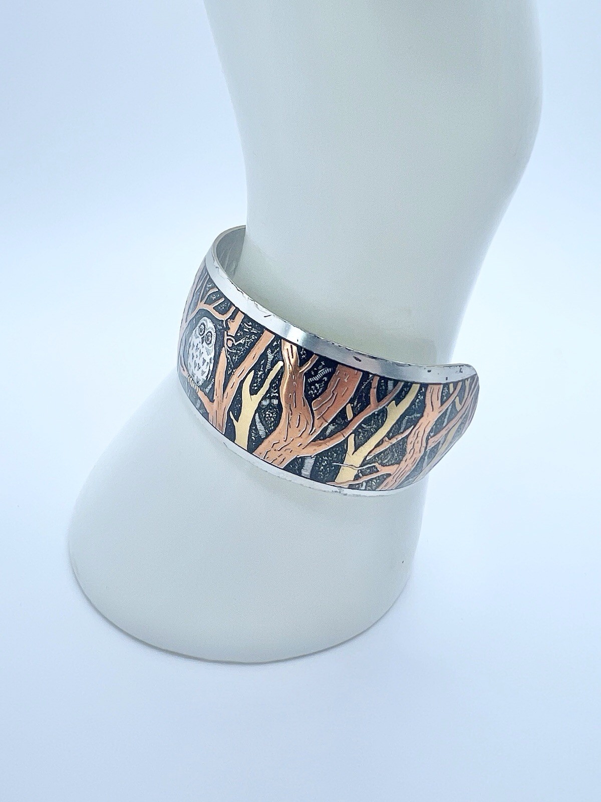Vintage OWL Spooky REED & BARTON Damascene Cuff Bracelet Dangle Earrings Set