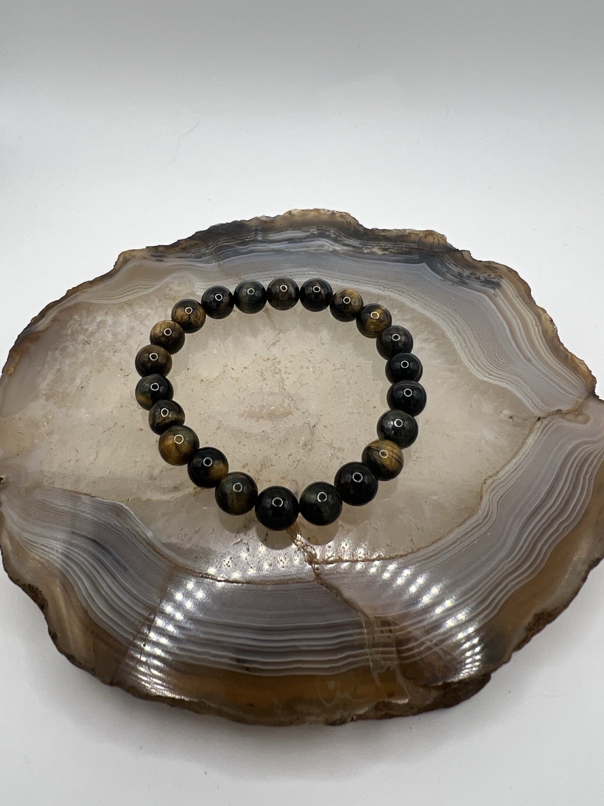 Blue and Yellow Tiger’s Eye Gemstone Round Beaded Stretch Bracelet