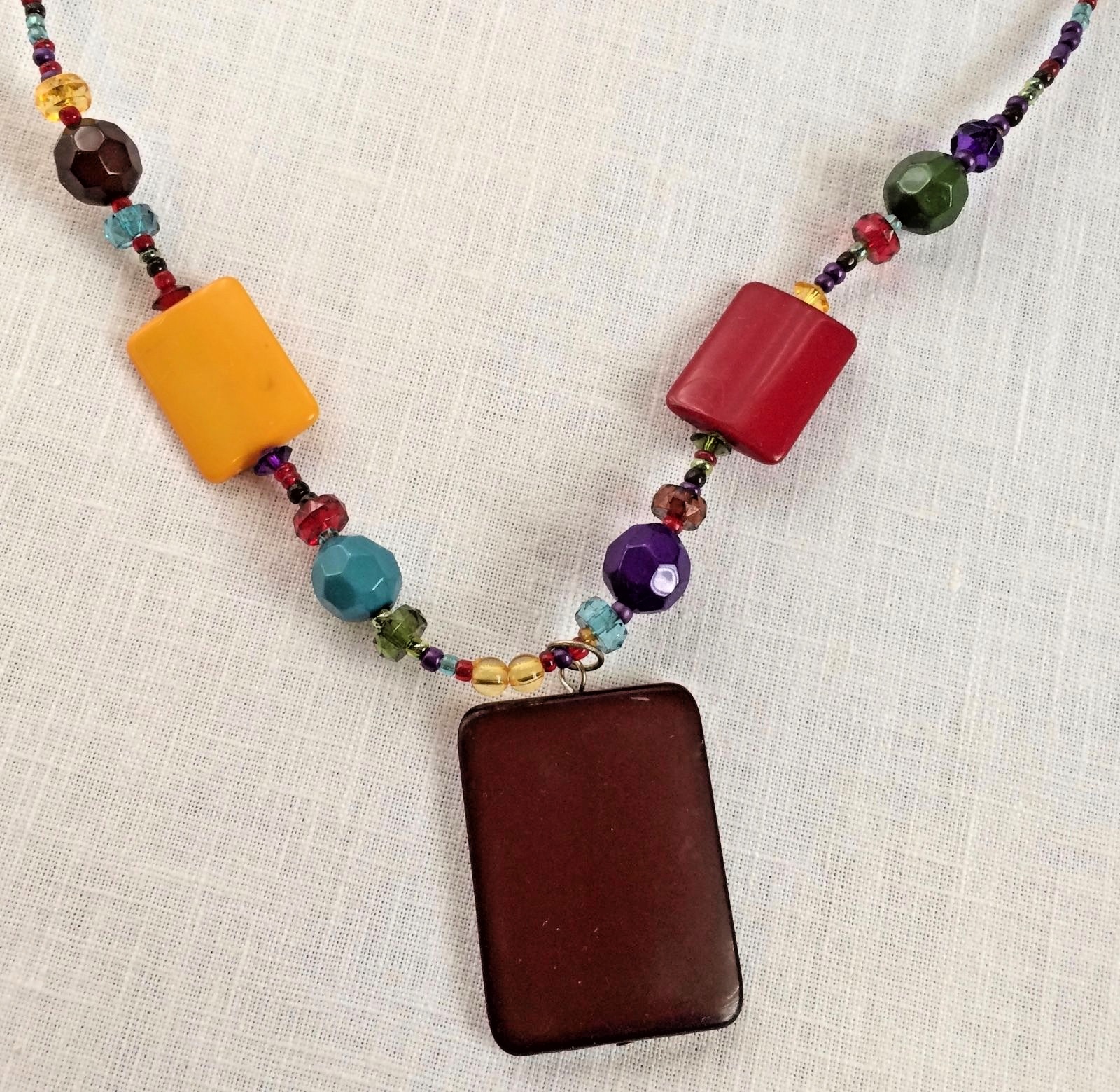 Colorful Beaded Necklace Tribal Bright Red Brown Yellow Blue Adjustable Length