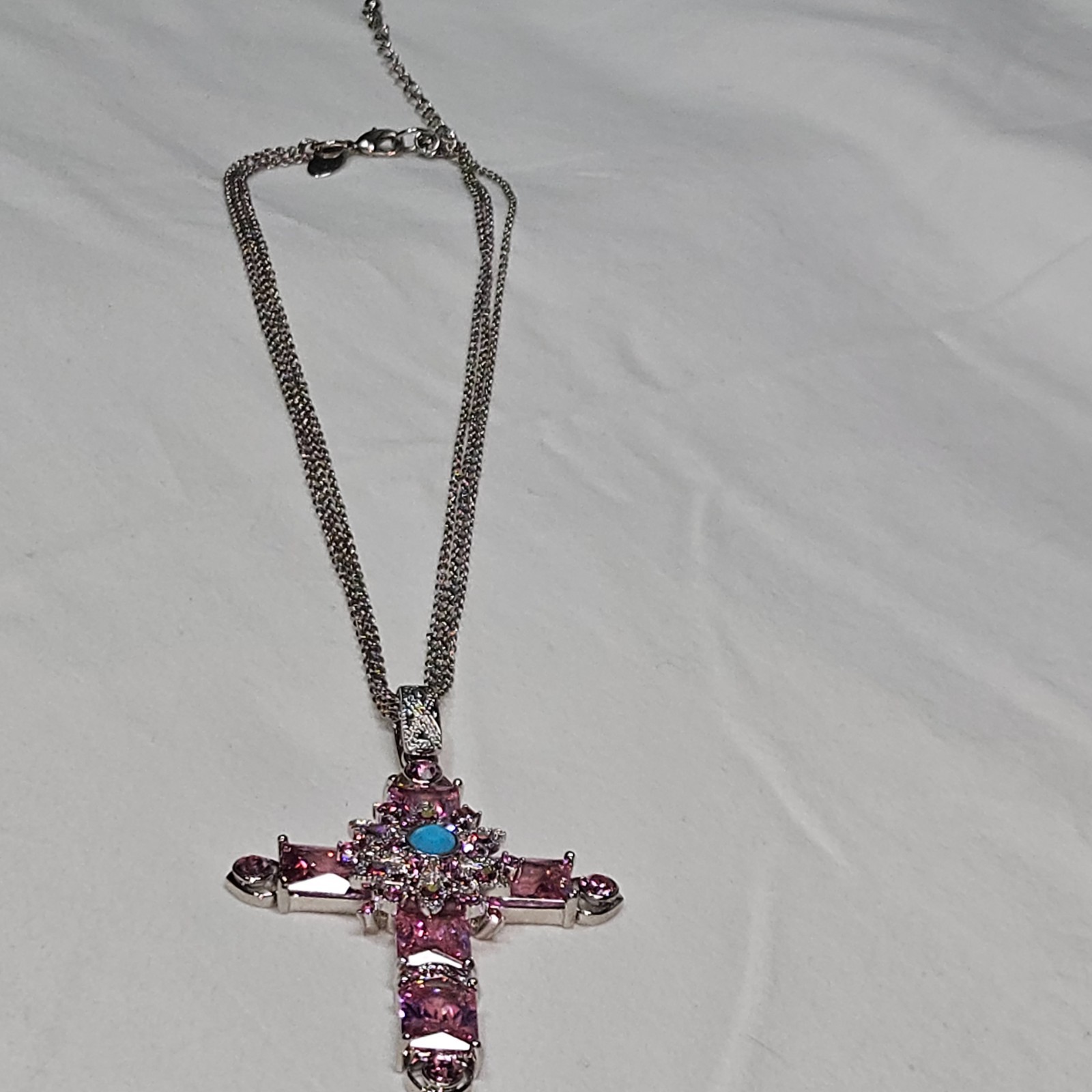 Silver tone Pink & Blue Rhinestone Cross Necklace Religious Christian 12″ 40g