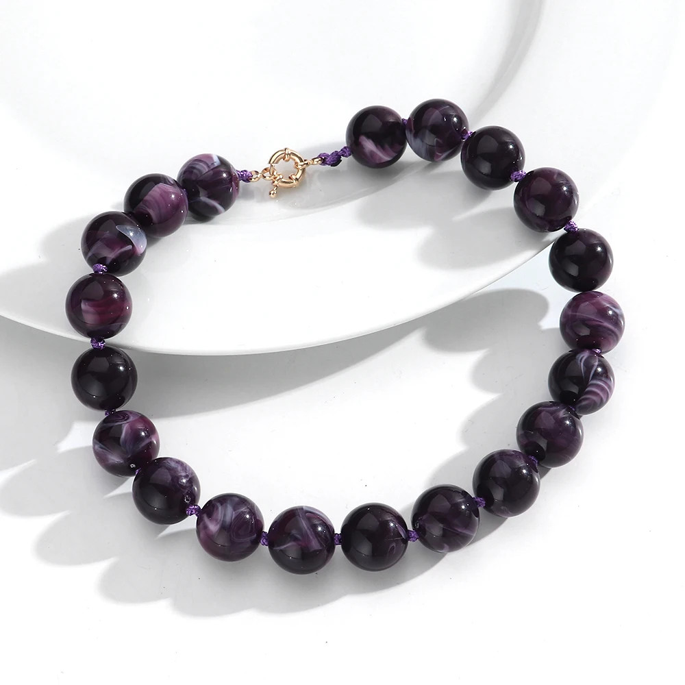 Handmade Resin Bead Choker Necklace Vintage Round Rope Chain Jewelry Women