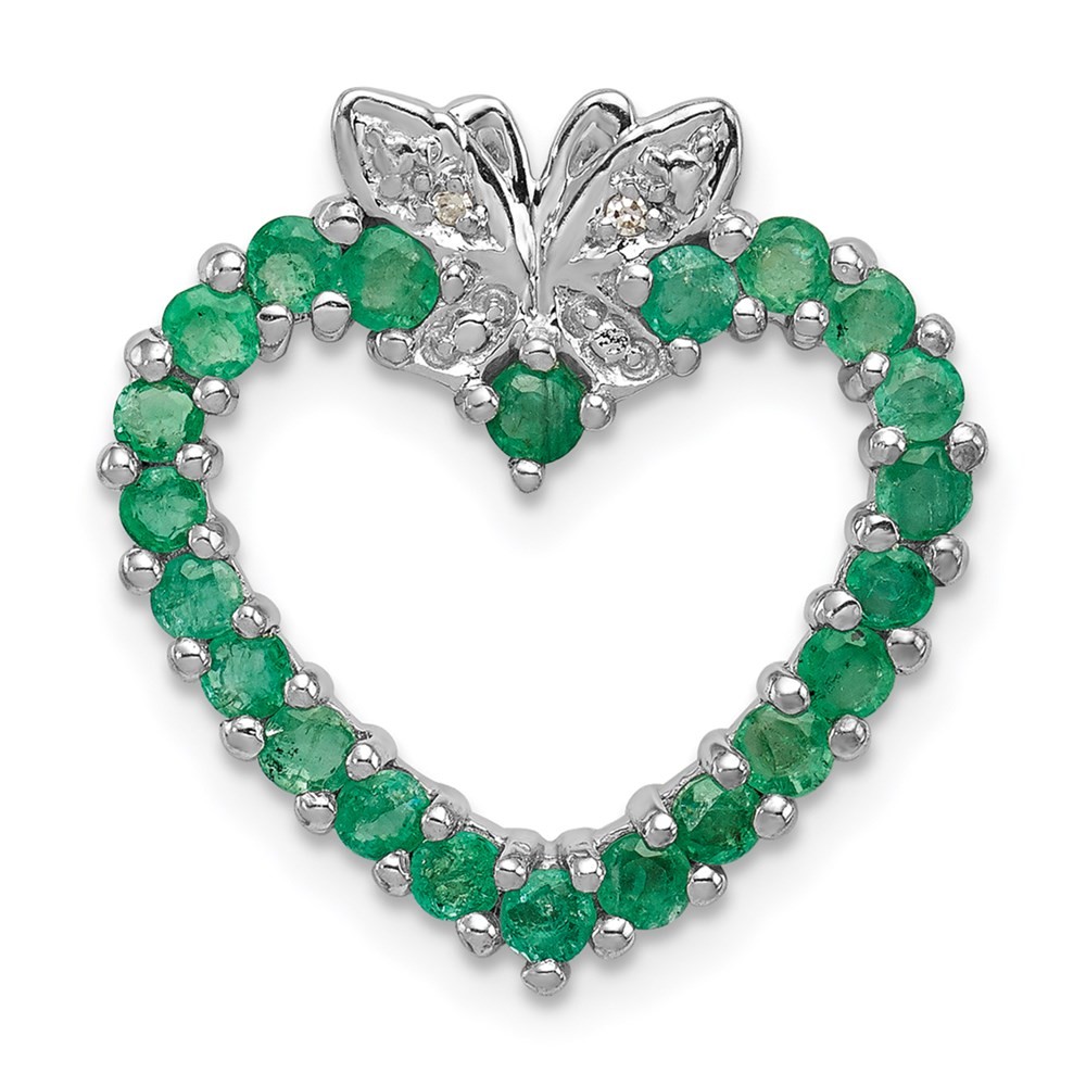 Sterling Silver Rhodium-plated Emerald & Diamond Heart Pendant L-0.79 Inch