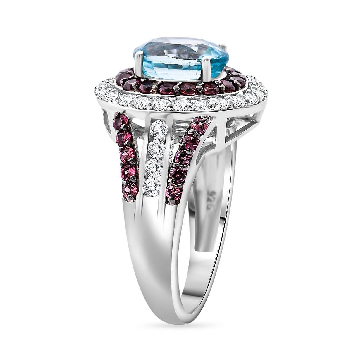 AWESOME!! 4.80ctw Blue, White and Brown Zircon Ring Rhodium Plated Size 8