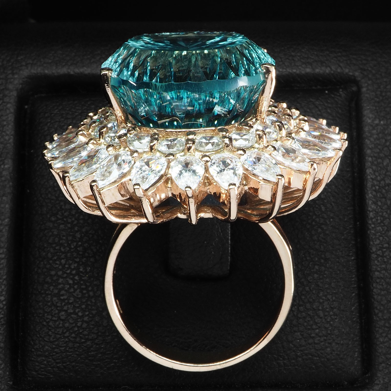 Charming Sea Blue Aquamarine Concave 26.75Ct 925 Sterling Silver Rose Gold Rings
