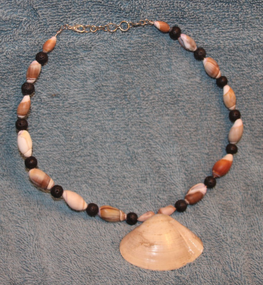 Clam Seashell Necklace with Olive Shells and Black Lava Stone Beads on Wire