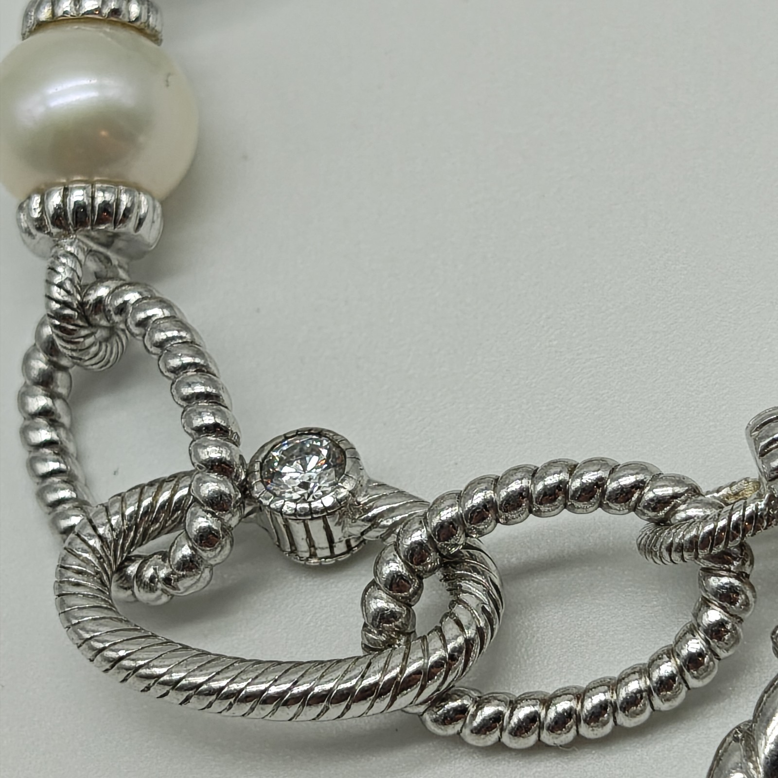QVC Judith Ripka Sterling Silver 925 Pearl & CZ Station Bracelet 8.25″