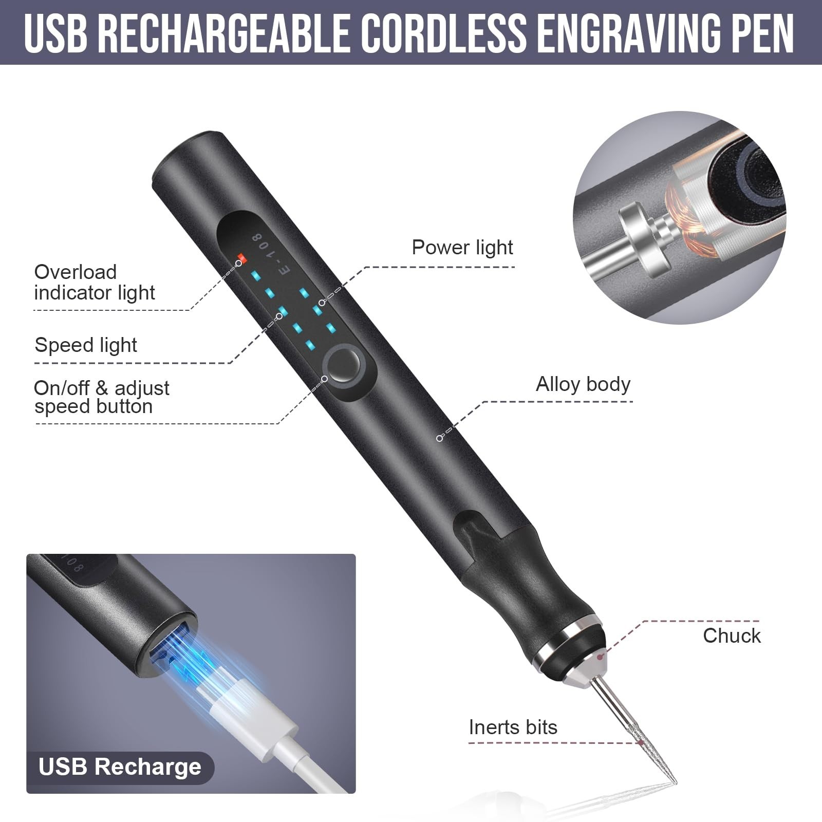 USB Rechargeable Electric Engraving Pen, 37 Bits Cordless Engraver for Jewelry
