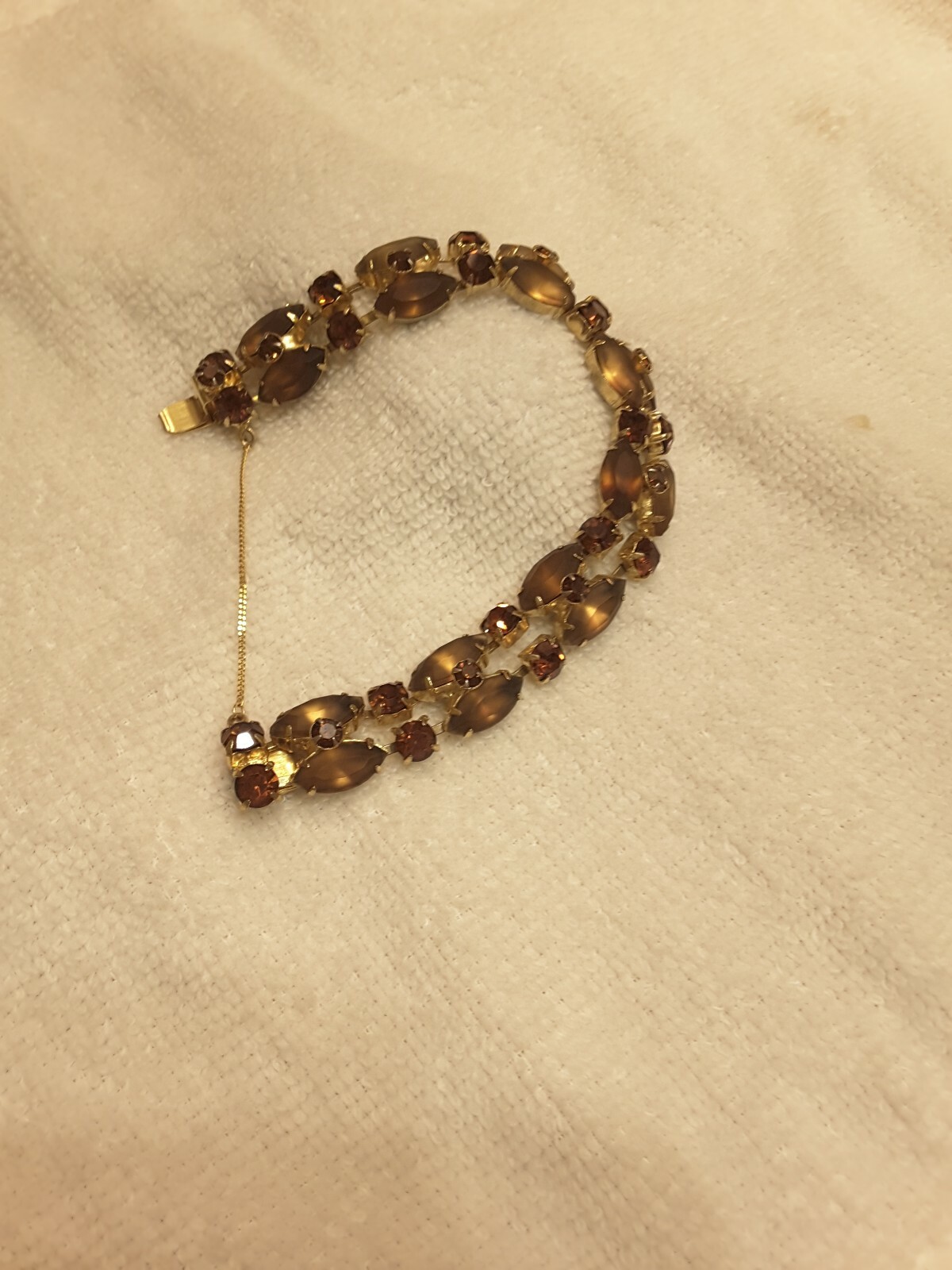 ELEGANT VINTAGE GOLD FILLED CZ TOPAZ BRACELET WITH SAFETY CHAIN 7 1/2″