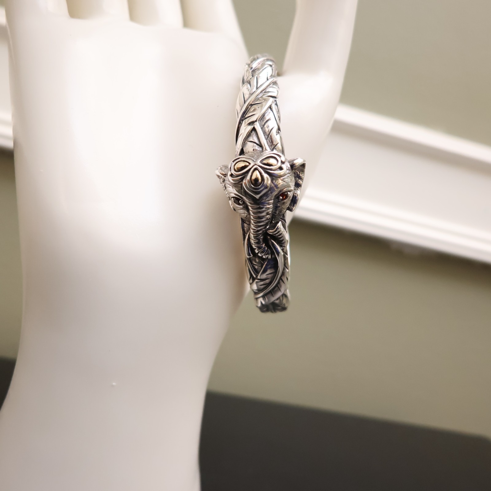 Jai bracelet elephant 925 sterling silver 14K gold hinged cuff garnets Sz 6.75in