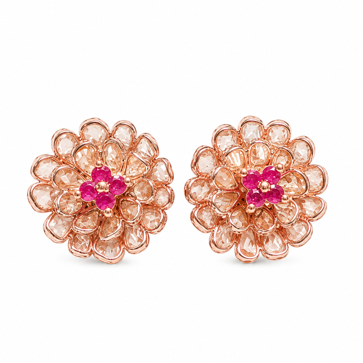 Polki Floral Stud Earrings Pink Tourmaline Gold Plated Indian Wedding Gift