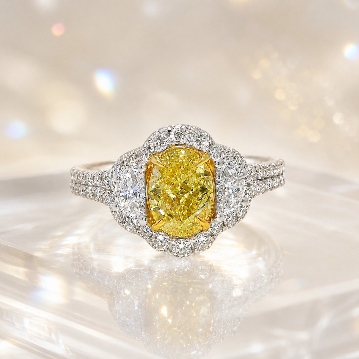 GIA Fancy Vivid Yellow Natural Diamond Ring 18K White Gold | 2.14ctw | Half Moon