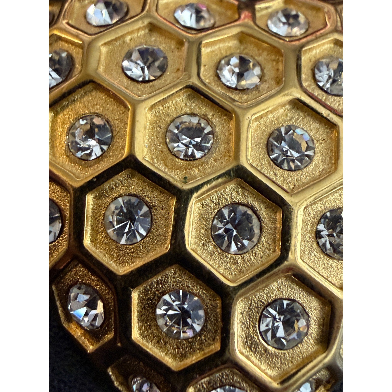 Vintage Rhinestone Brooch Heart Honeycomb Gold Tone