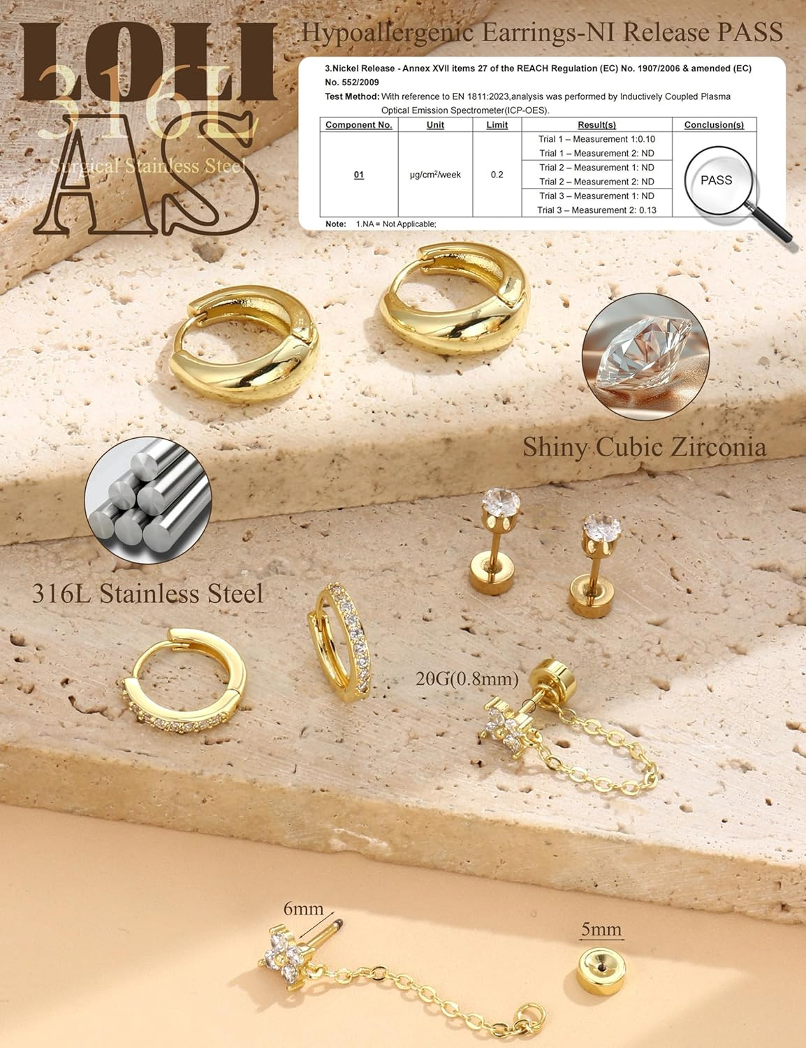 Hypoallergenic Cartilage Earrings 20G Flat Back Stud Hoop Set Wome