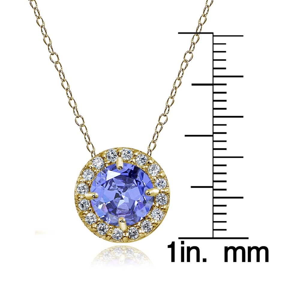 Yellow Gold Flashed Sterling Silver Tanzanite & White Topaz Round Halo Necklace