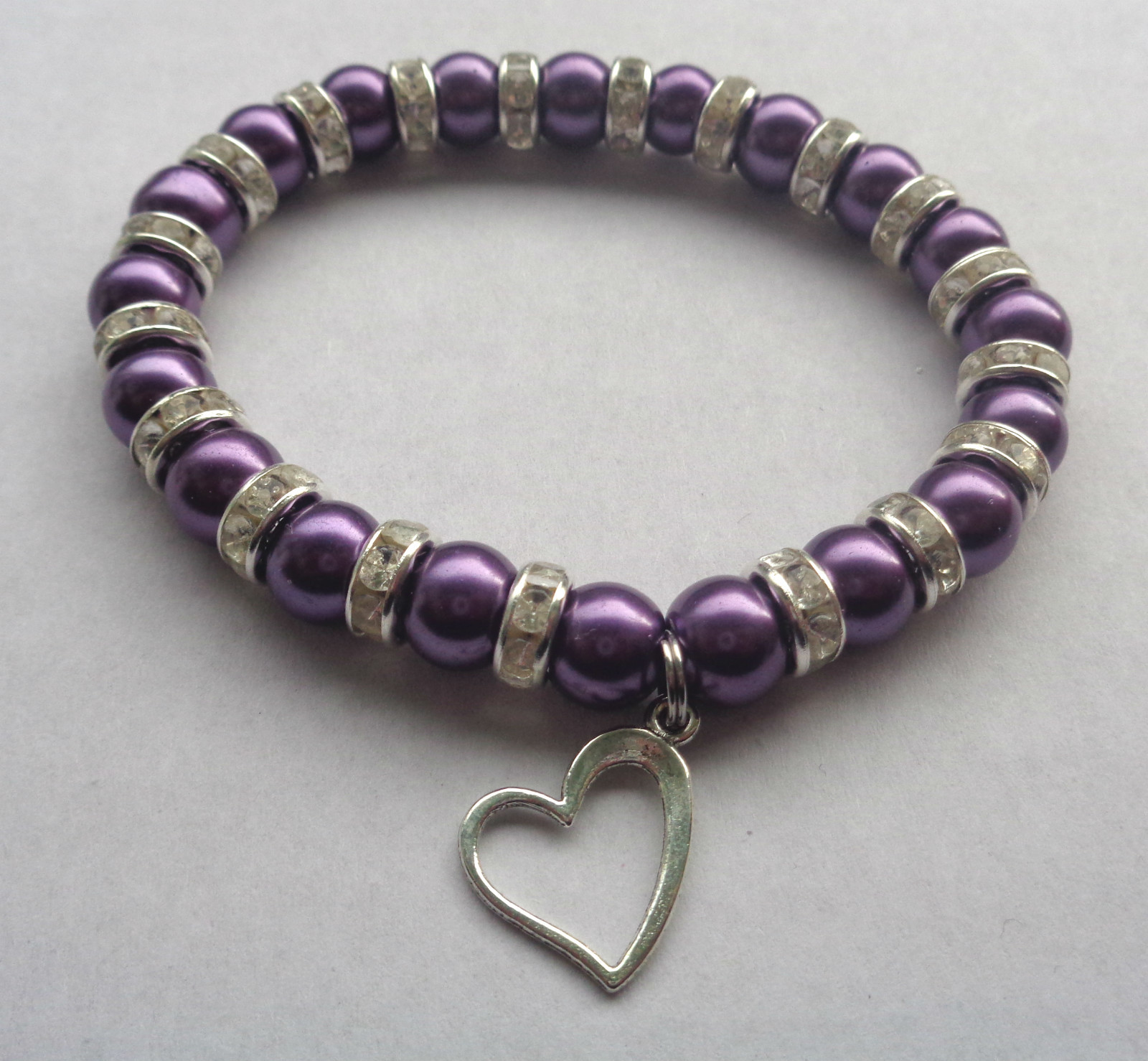 Glass Pearl Diamante Elastic Bracelet with Heart Charm Bridal / Prom 10 COLOURS