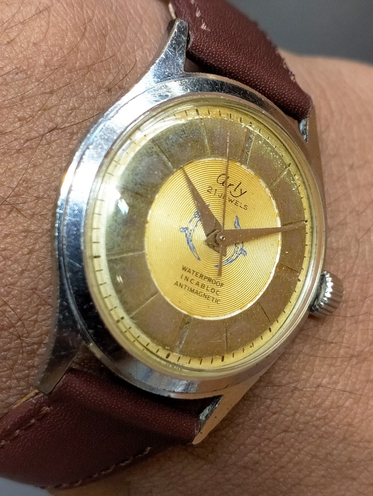 ARLY 21 JEWELS WINDING AGED GOLD DIAL SWISS MEN’S FULL WORKING VINTAGE WATCH