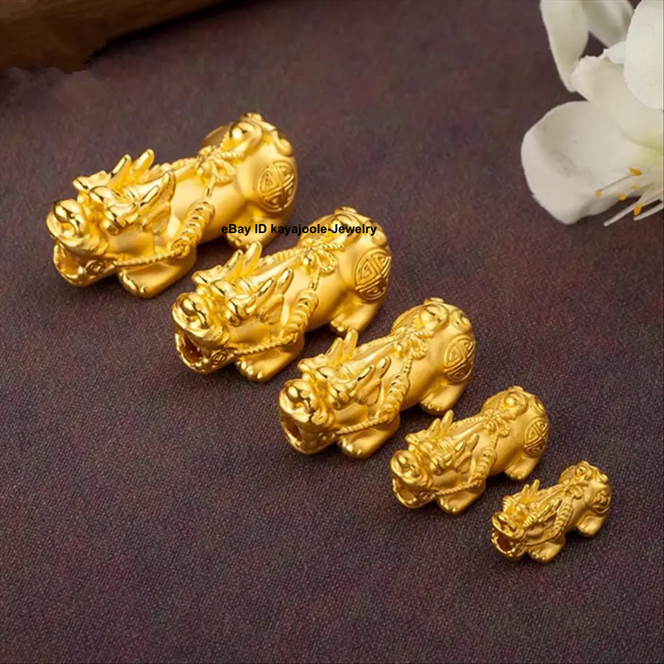Fine Pure 24K 999 Yellow Gold 3D Wealth Dragon Pixiu Bead Pendant 6-24mm