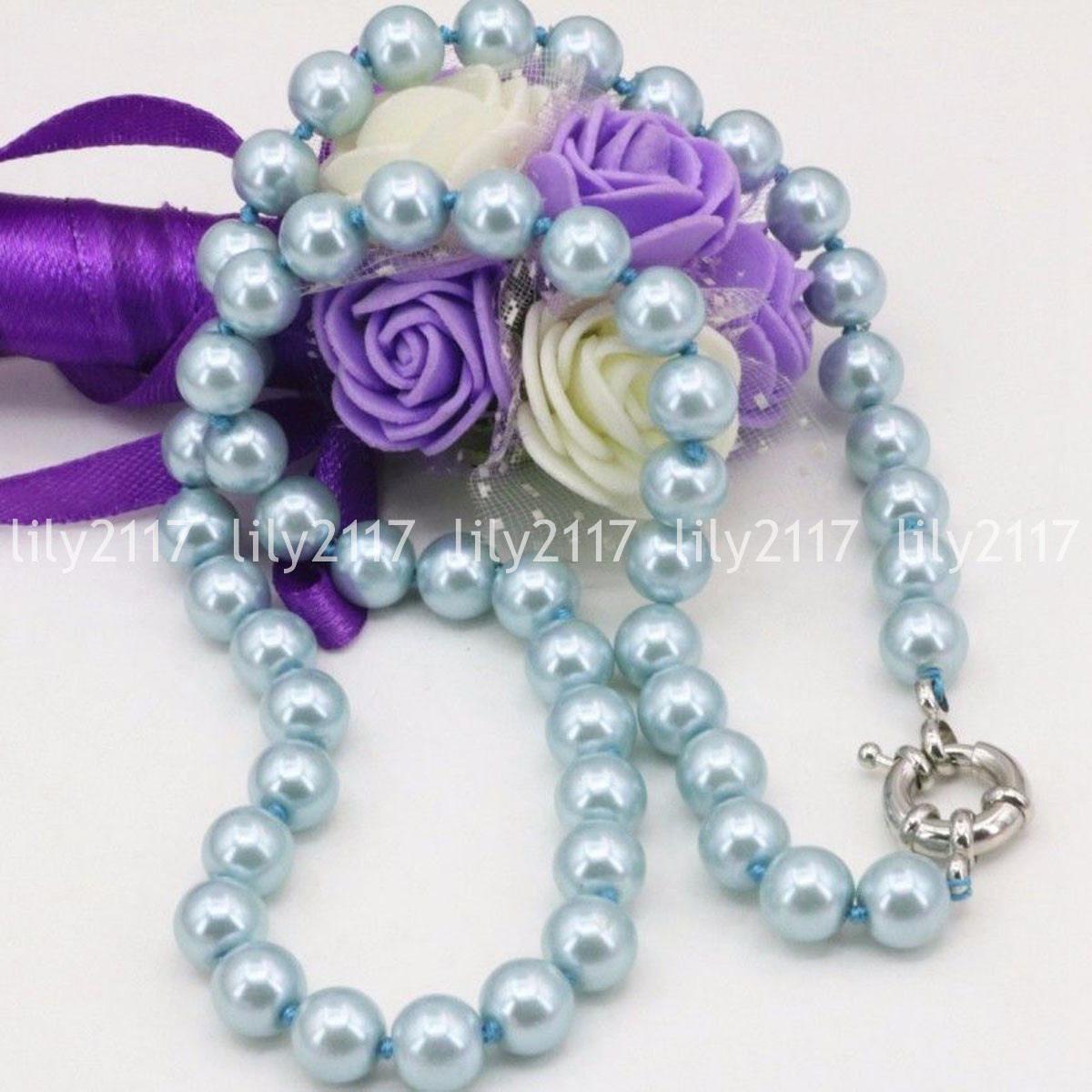 Fashion 8/10mm Light blue Akoya Shell Pearl Round Necklaces 16/18/22/25/36/50″