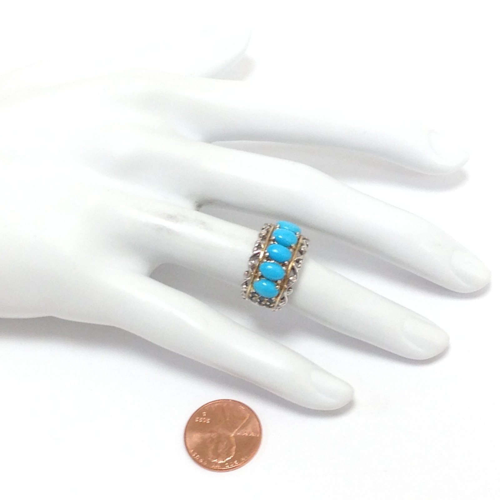 Gems en Vogue Michael Valitutti Sterling Silver Two Tone 5 Turquoise Ring Size 4