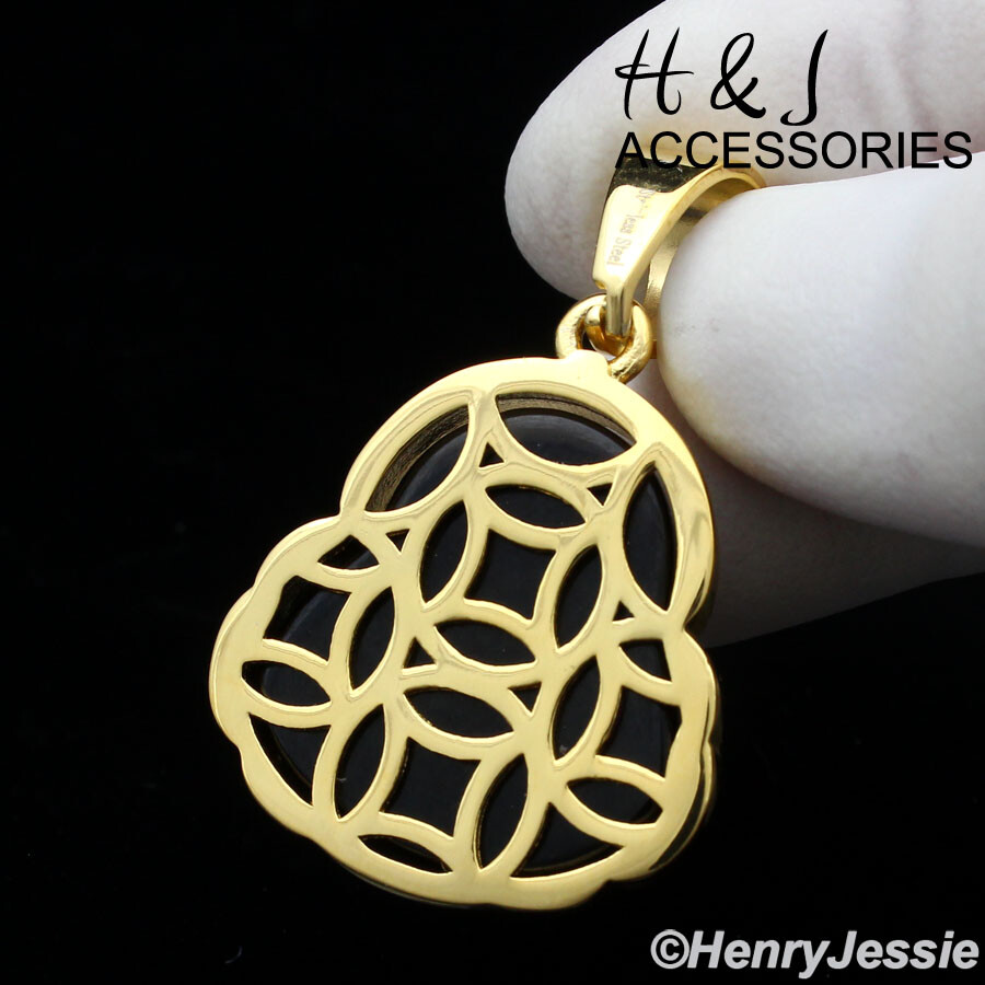 18-36″Stainless Steel 3mm Gold Plated Box Chain Black Onyx Buddha Pendant*AG123