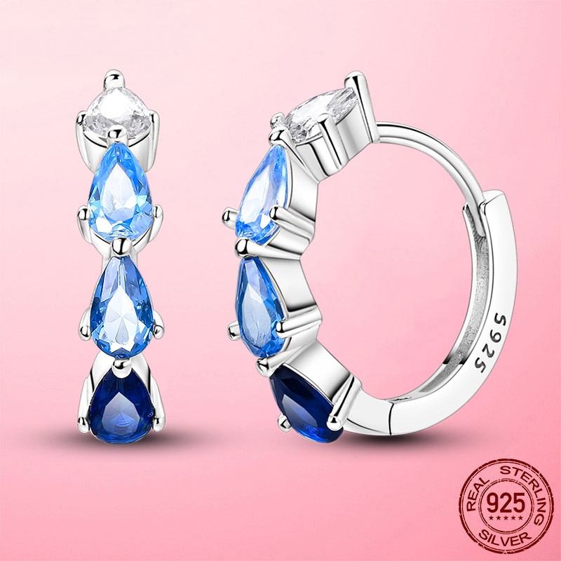 LAZA Original Blue CZ Teardrop 925 Sterling Silver Hoop Earrings Women Jewelry