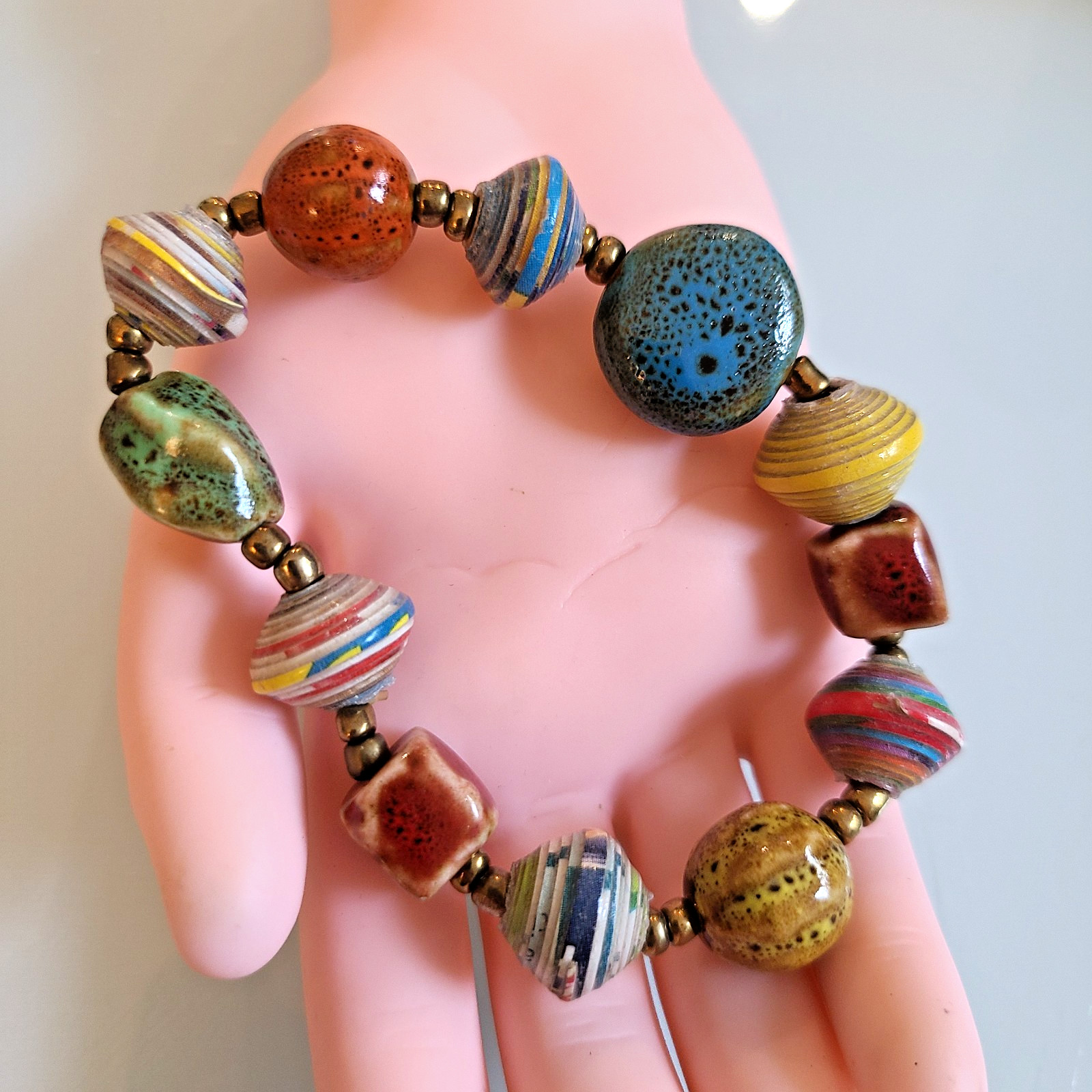 Artisan Mixed-Media Stretch Bracelet MULTICOLORS RED BLUE BROWN YELLOW
