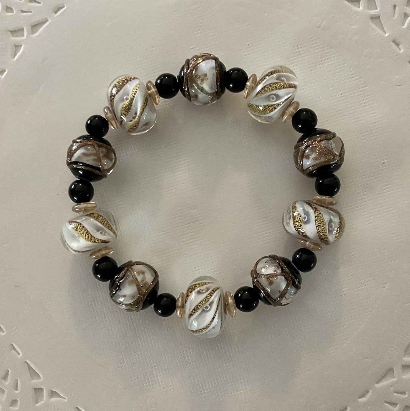 Ladies Beautiful White, Black &Gold LampWork Glass Beaded Stretch Bracelet 7.25”